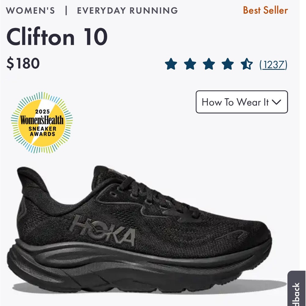 Hoka Women's Clifton 10 Black Sneakers WIDE